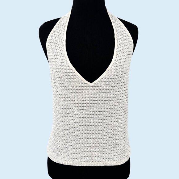 STUNNING NWT CACHE WHITE BEADED V-NECK HALTER TOP - M - Picture 3 of 4